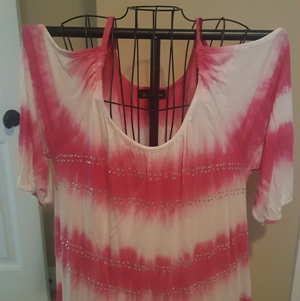 INC Cold Shoulder Pink & White Sequin top